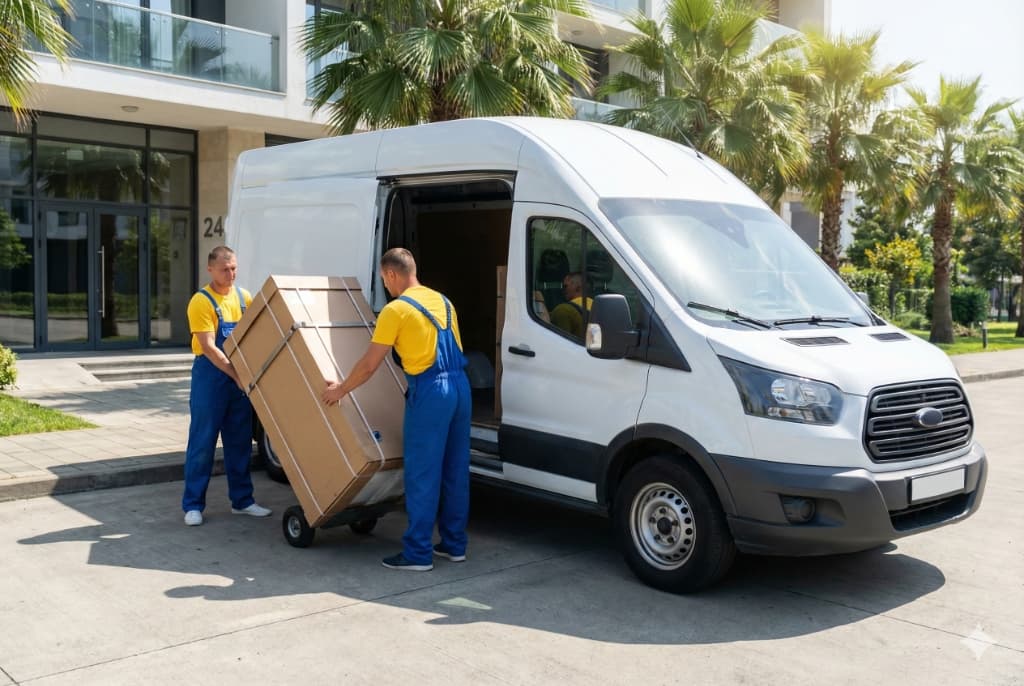Грузчики загружают коробки в грузовой фургон