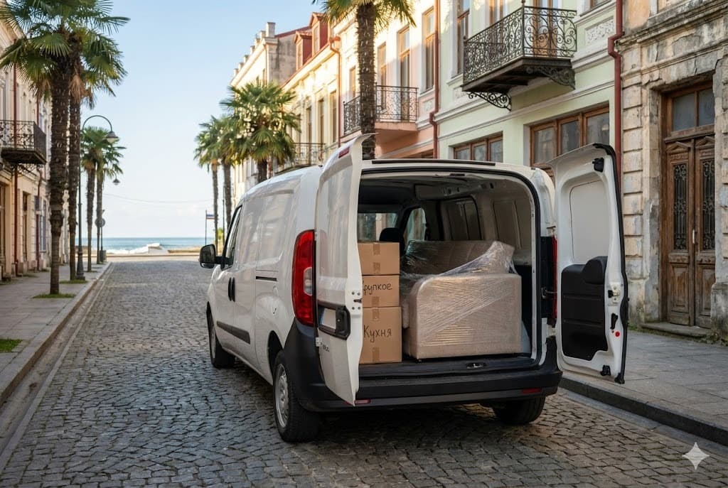 Белый минивэн с открытыми дверями и коробками внутри